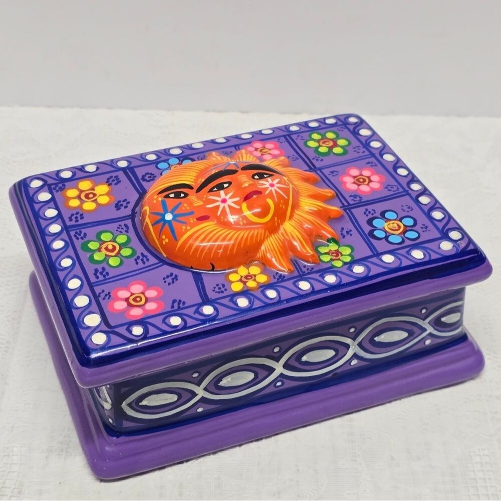 Vintage Mexican Pottery Folk Art Sun Celestial Sun Moon Handpainted Trinket Box